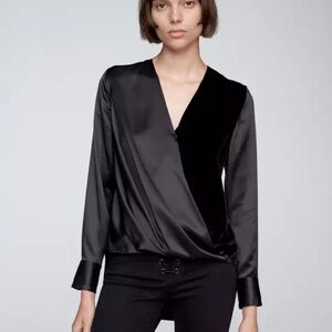Rag & Bone Black Victor Surplice-Neck Long-Sleeved Silk&Velvet Blouse, Size XS